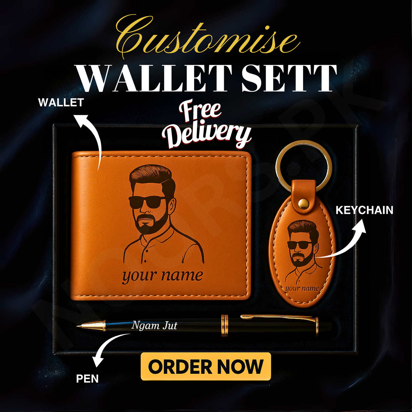 CUSTOMISE WALLET KEYCHAIN AND PEN WITH GIFT BOX (FREE DELIVERY)